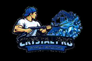 Crystal Pro Powerwashing logo featuring a man in blue cap holding a pressure washer with blue water splash and house icon