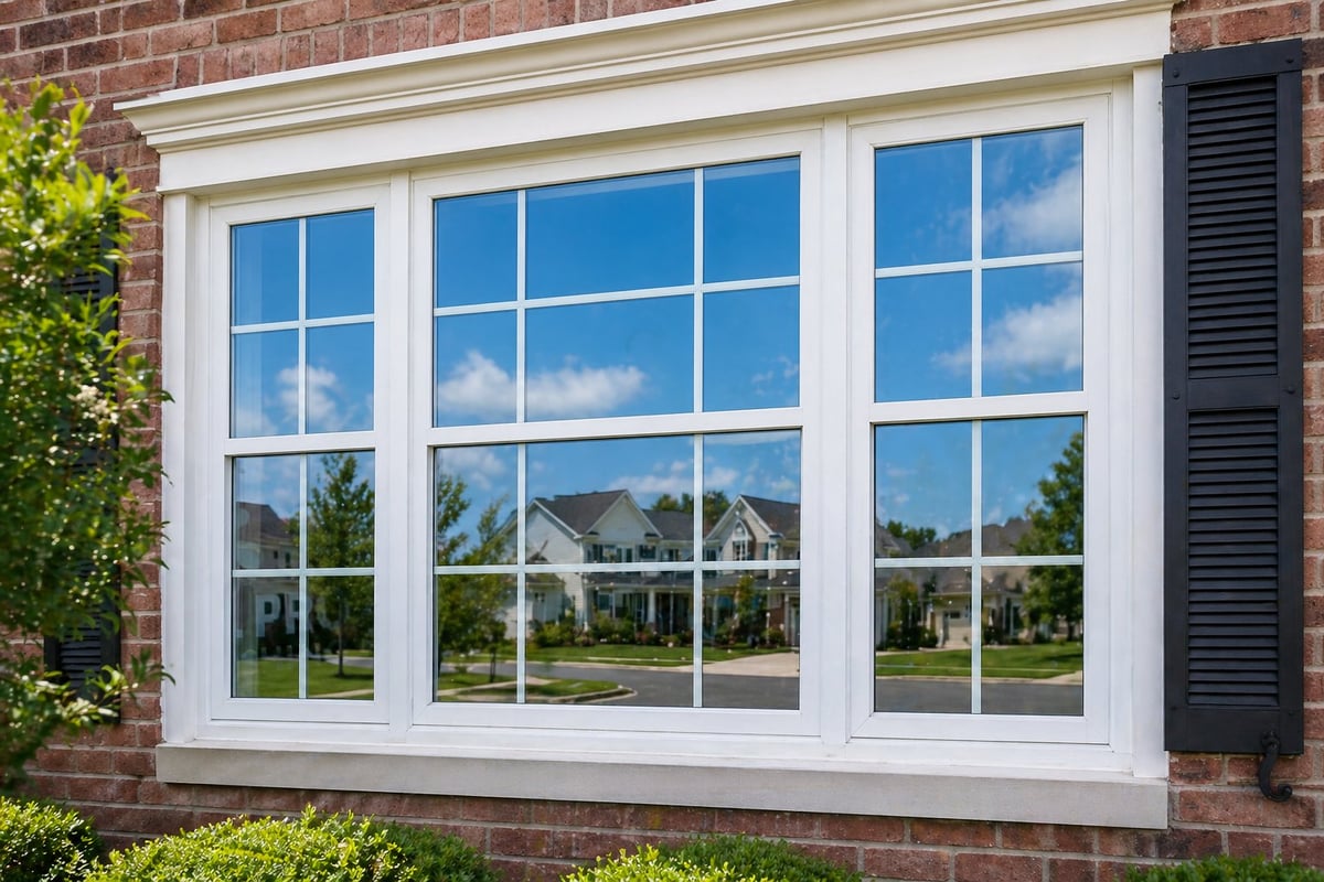 Large white-framed picture windows on a brick house reflecting blue sky and neighboring residential homes, with green shutters and landscaping.