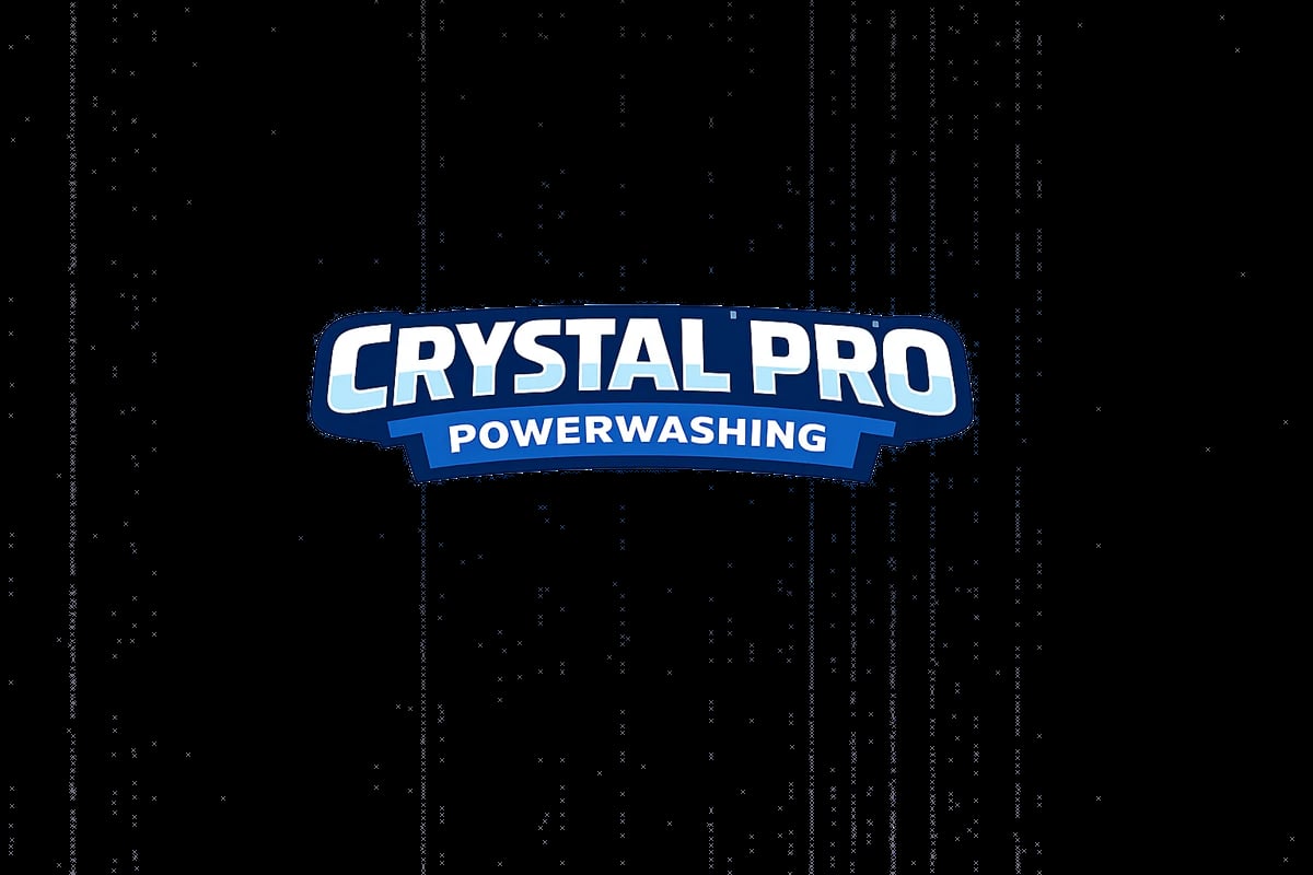 Crystal Pro Powerwashing logo with blue banner on black background with digital rain effect