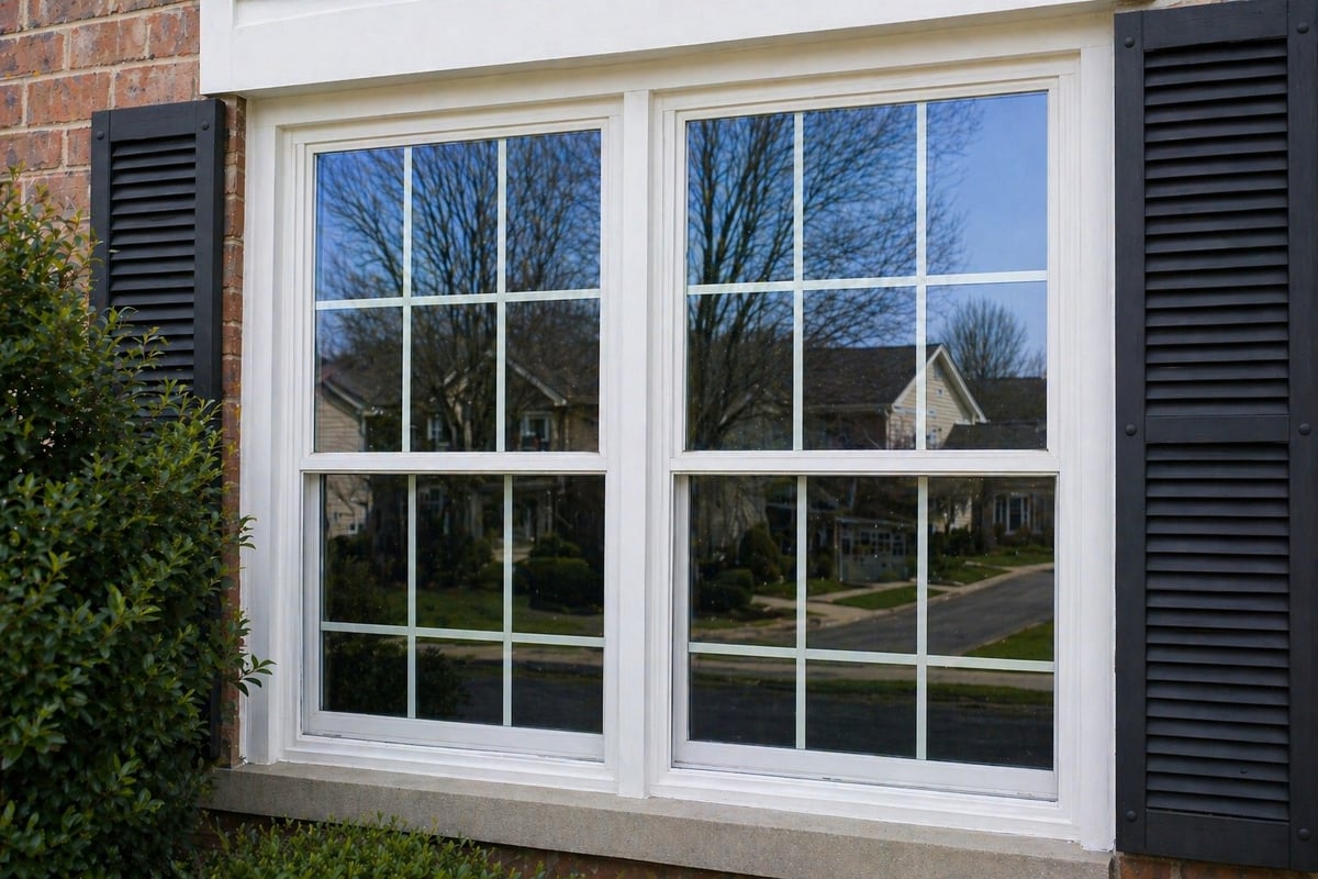 Pair of white double-hung windows with dark shutters on a brick house exterior, reflecting trees and sky.