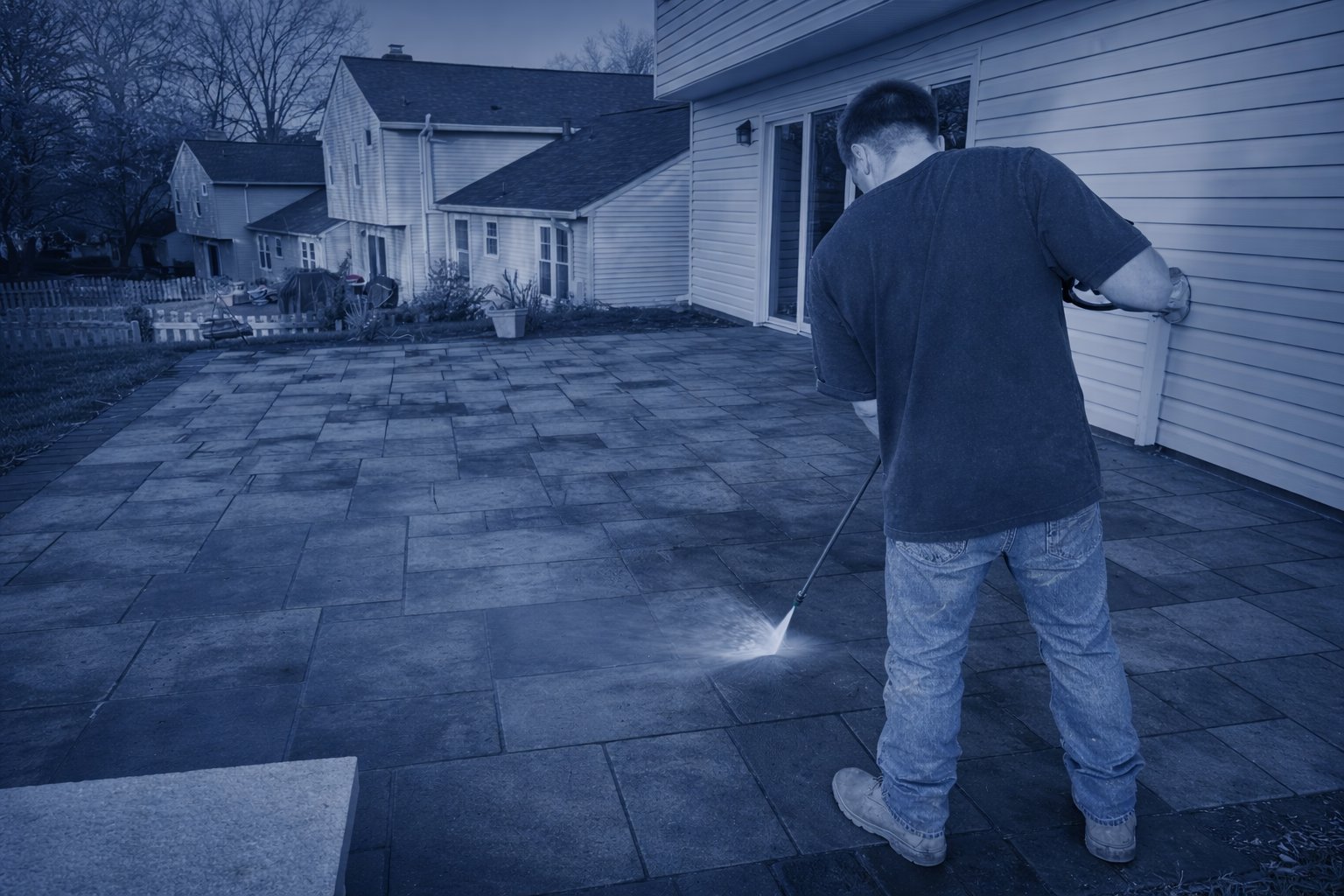 Man using pressure washer to clean patio stones in backyard at dusk with houses in background