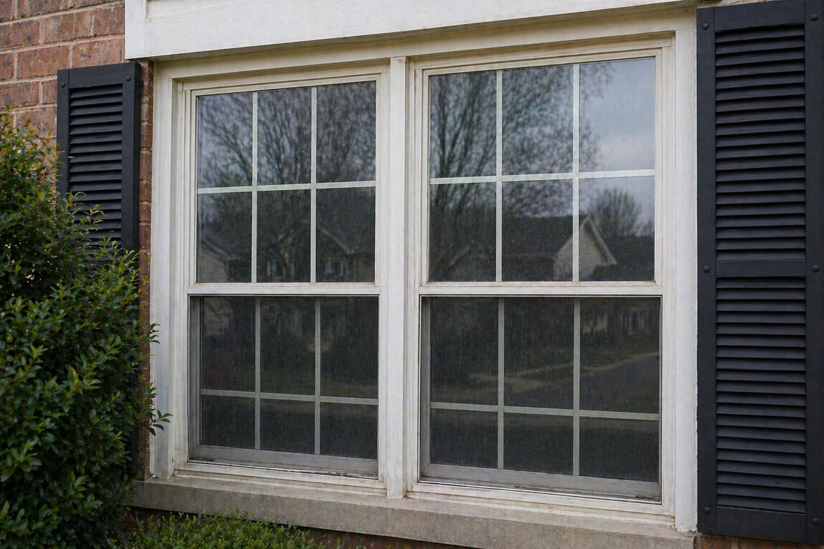 Pair of white-framed sash windows with black shutters on a brick house exterior, flanked by ivy