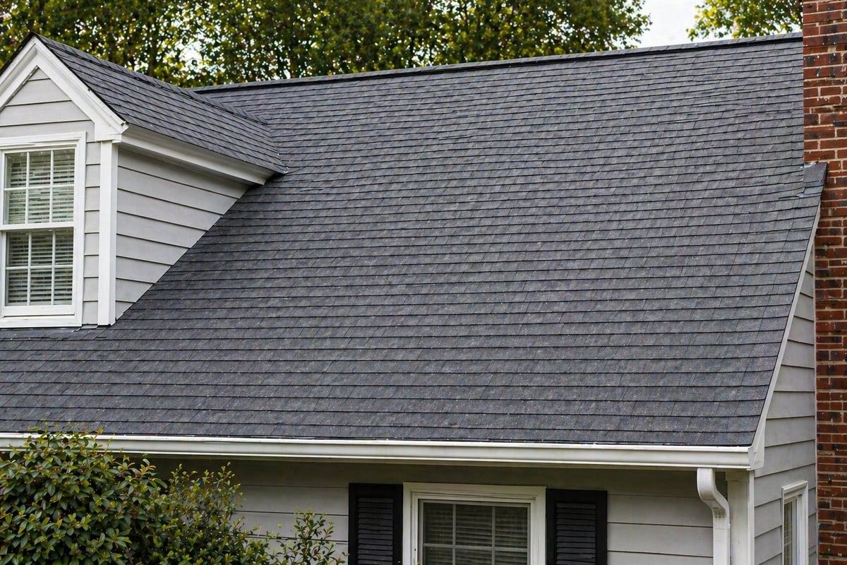 Residential house with dark gray asphalt shingle roof, white trim, dormer window, and brick chimney surrounded by green trees